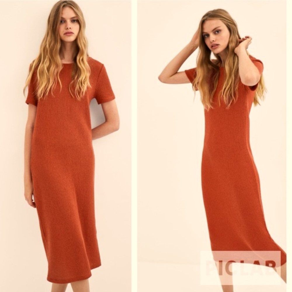 zara trafaluc terracota colored knit midi dress